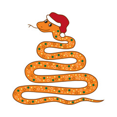 Happy New Year 2025 banner illustration with cartoon cute snake with red santa hat