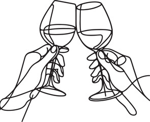 Elegant Line Drawing of Hands Clinking Wine Glasses on White Background