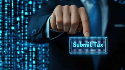 tax submit and finance concept. A business professional submitting a digital tax form against a tech-themed background.