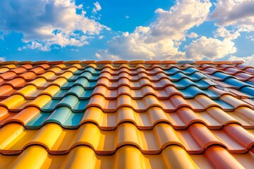 Fototapeta premium Picturesque Terracotta Roof Scene Under Bright Blue Sky with Lush Greenery Surrounding Charming Architecture