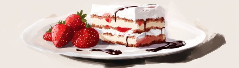 A delicious slice of cake with strawberries and chocolate drizzle on a white plate.