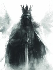 Obraz premium Dark king, winged, crowned, sword, grim.