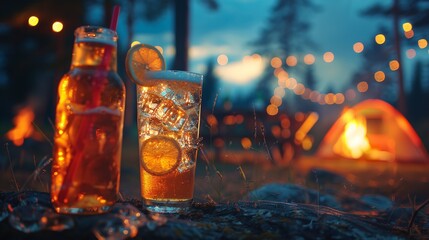 The area is transformed into a pub with a bonfire and camping in a forest with a night sky setting, offering a glass of beer and a cocktail resting over a wooden stump and space, Generative AI.
