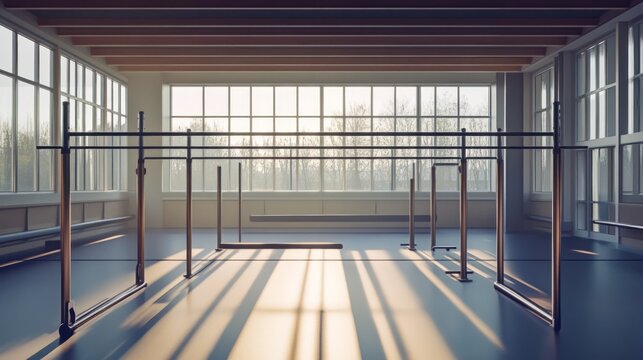 Sunlit gym with parallel bars and high windows.