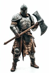 Obraz premium Armored warrior, large axe, weathered attire.