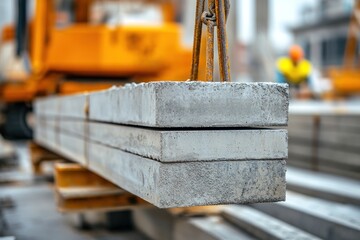 Obraz premium Concrete slabs lifted by crane at construction site.