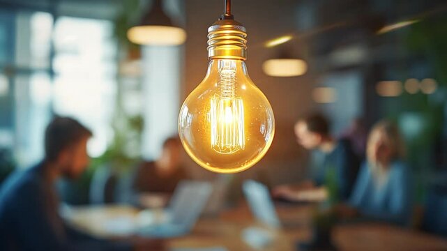 Lightbulb hanging in office, glowing lightbulb and digital matrix background, concept of innovation, ideas, and technological creativity team at work