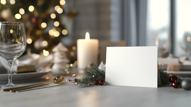 Blank card on Christmas table setting.
