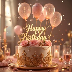Lavish 3D Birthday Cake, Golden Filigree, Gemstone Decorations, Pastel Balloons, Luxurious Celebration