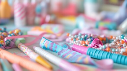 Fototapeta premium A colorful assortment of craft supplies and decorations arranged on a table.