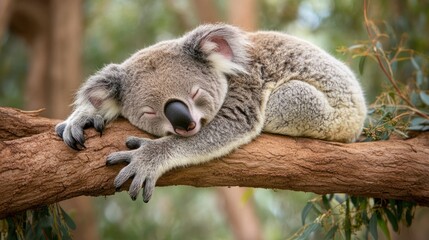 Fototapeta premium A koala peacefully sleeping on a tree branch in a natural setting.