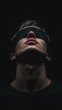 Mysterious portrait of blindfolded young man in dramatic lighting