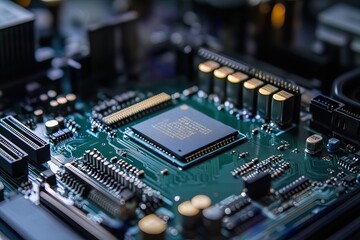 Concept CPU microchip for ai and data network. Close-up view of modern chip gpu card with neon lights