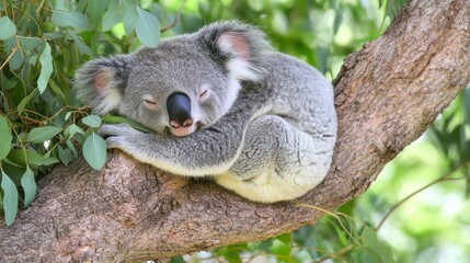 Obraz premium A koala peacefully sleeping on a tree branch surrounded by green leaves.