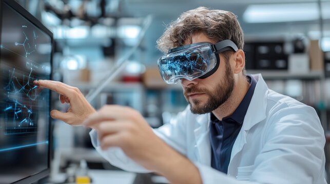 A researcher wearing a virtual reality headset works intently in a high-tech laboratory, interacting with advanced digital interfaces and scientific data screens.