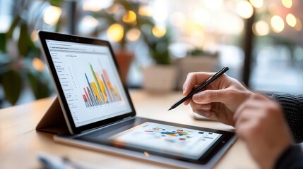 A person reviews bar graphs on a tablet using a stylus, focusing on data analysis in a modern workspace environment filled with ambient lighting and lush plants.