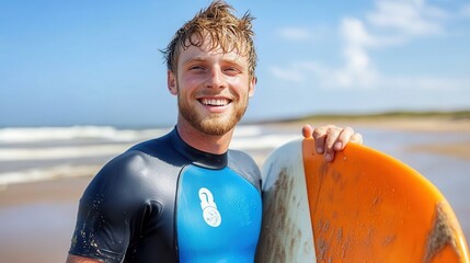 A cheerful male surfer with a smile holds his surfboard by the beach, embodying the vibrant and energetic spirit of surfing and the love for ocean adventures.