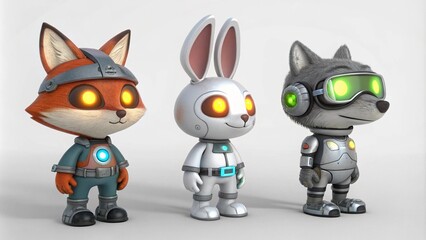 A trio of adorable, anthropomorphic animal characters in futuristic gear, including a fox, a rabbit, and a wolf.