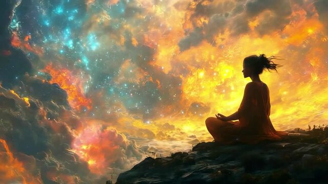Woman silhouette meditating in lotus pose on colorful fantastic space background new beautiful stock 9x16 vertical video footage animation AI