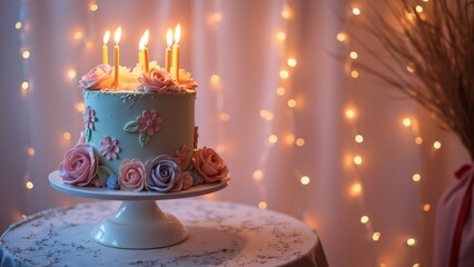 Elegant Pastel Birthday Cake with Sugar Flowers and Fairy Lights, Festive Celebration Scene