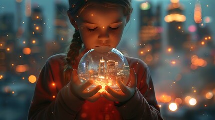 A young girl holds a glowing crystal ball, showing a city scene inside.