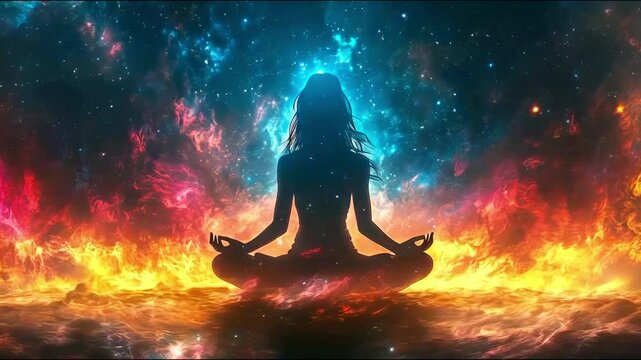 Woman silhouette meditating in lotus pose on colorful fantastic space background new beautiful stock 9x16 vertical video footage animation AI