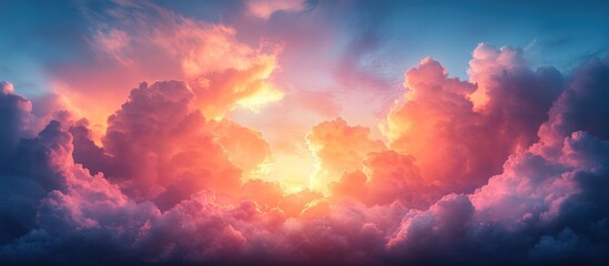 Vibrant sunset cloudscape with sun rays bursting through.