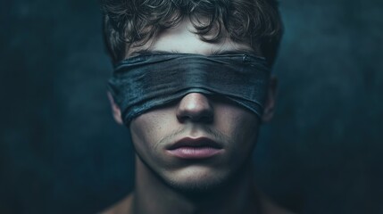 Mysterious portrait of young man with blindfold in moody lighting