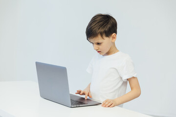 Little boy learning to play on laptop online at table