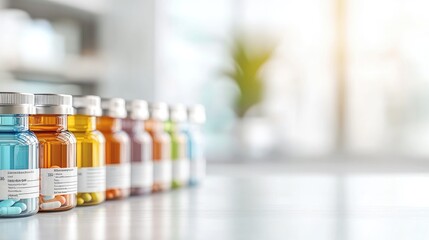 Colorful Glass Bottles of Medicine on a Bright Sunny Table