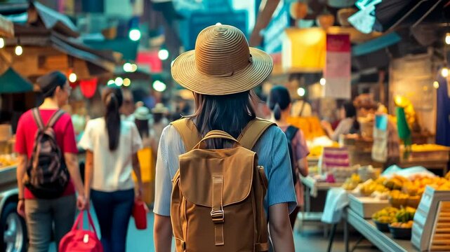 A young woman in a straw hat and backpack explores a vibrant night market, surrounded by colorful stalls and illuminated lights, capturing the essence of urban travel and cultural immersion.