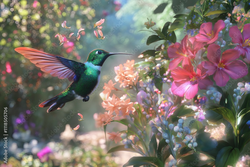 Poster a hummingbird hovering in mid-air as it sips nectar from a flower.