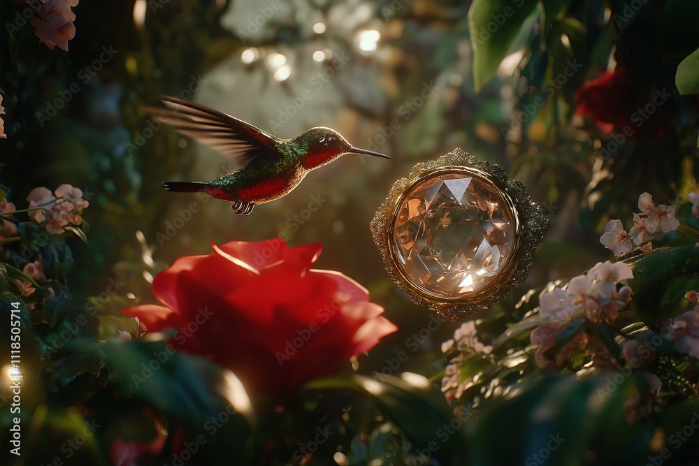 Poster a hummingbird hovering in mid-air as it sips nectar from a flower.
