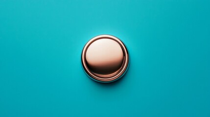 A close-up of a circular, metallic button set against a vibrant turquoise background.