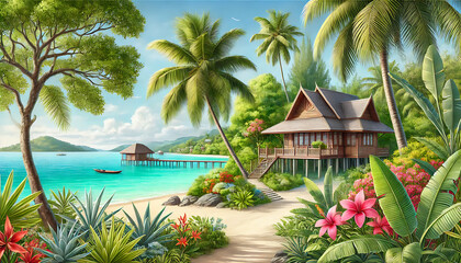 Fototapeta premium Tropical Beach Paradise with Wooden Bungalow and Lush Palm Trees