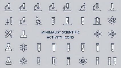 Create a minimalist, flat design featuring a collection of scientific activity icons arranged in a grid pattern against a soft, light gray background.
