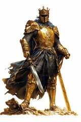 Fototapeta premium Golden armored king, crowned, swords, stands rocky terrain.