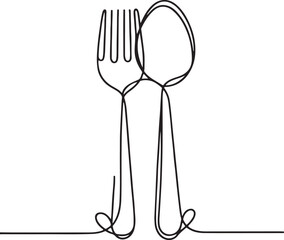 Minimalist Line Drawing of Fork and Spoon on White Background Simple Elegant Art