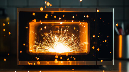 A microwave emits sparks and bright light, creating an intense visual effect, indicative of a malfunction or unsafe use.