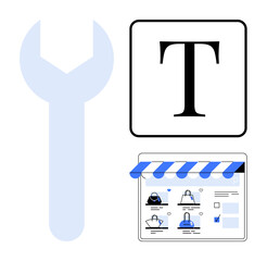 Digital tools including a wrench, text formatting, and online store elements. Ideal for web design, ecommerce, digital marketing, graphic design, SEO site optimization content creation. Line