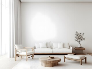 Modern Minimalist Living Room Design Featuring Light Colors, Wooden Furniture, Cozy Couch, Stylish Side Tables, and Elegant Decor Elements for Contemporary Interiors