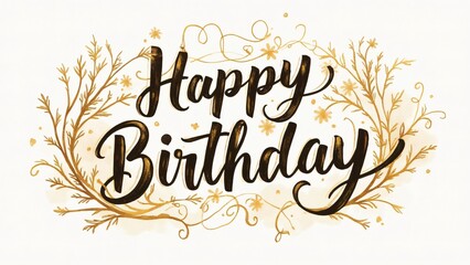 Elegant Hand-Drawn Happy Birthday Calligraphy with Golden Floral Wreath, Vintage Style Postcard or Banner Design Element