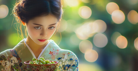 Fototapeta premium Japanese Woman with a Bowl of Fresh Amla in Her Hands