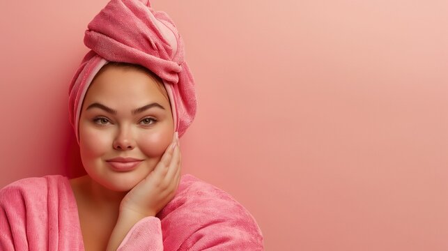 Pretty plus size woman with towel on head image copy space. European female with overweight on pampering day banner background blurred. Beauty concept photography copyspace