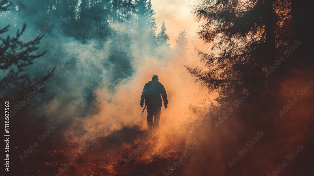 Poster a lone figure walks through a foggy forest, creating a mysterious and atmospheric scene.