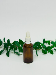 Dropper bottle mockup with green leaves on white background.
