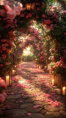 Fototapeta premium Romantic floral walkway illuminated by candles offering stunning outdoor wedding ambiance picture