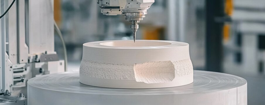A machining tool is shaping a white cylindrical object on a rotating platform, showcasing precision manufacturing in an industrial setting.