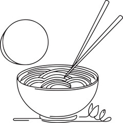 Minimalist Line Drawing of Ramen Bowl with Chopsticks Delicious Asian Cuisine Design on White Background