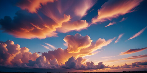 Fototapeta premium sunset on the beach. dramatic sunset sky with vibrant clouds in shades of orange and pink. a wide sky filled with fluffy clouds illuminated by the setting sun. a serene yet powerful sunset with colorf